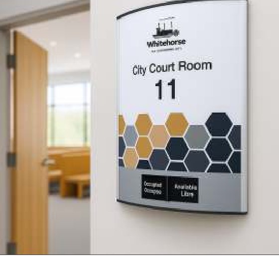 Curved PC sign frame — City Court Room wayfinding